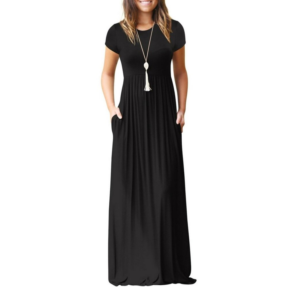 Grecerelle Short Sleeve Black Maxi Dress, S
